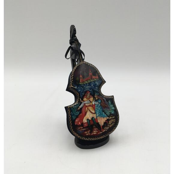 Russian Lacquer Signed Folk Art Hinged Trinket Box Violin/Cello with Stand - Picture 1 of 6